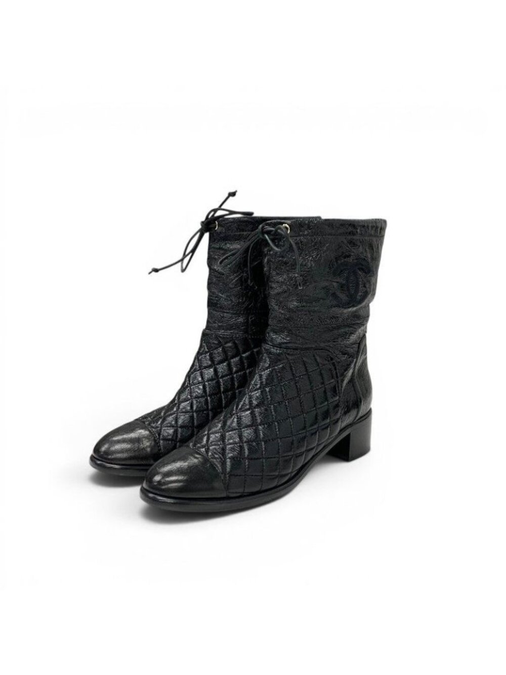 Chanel Boots Short Shoes Leather Black CC Logo Quilted Processing